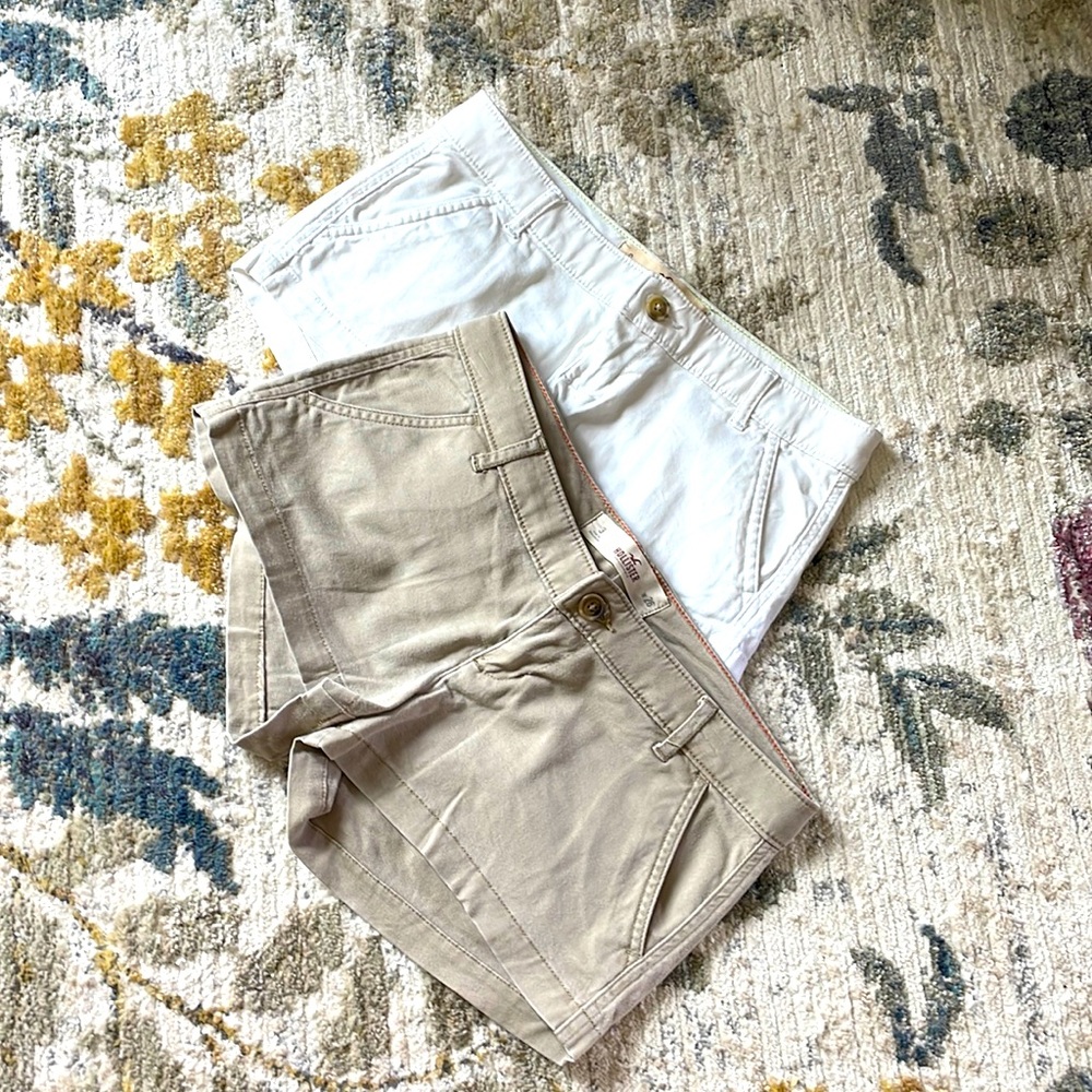 Hollister shorts never worn. Khaki size 3, white size 0. Will sell separately.